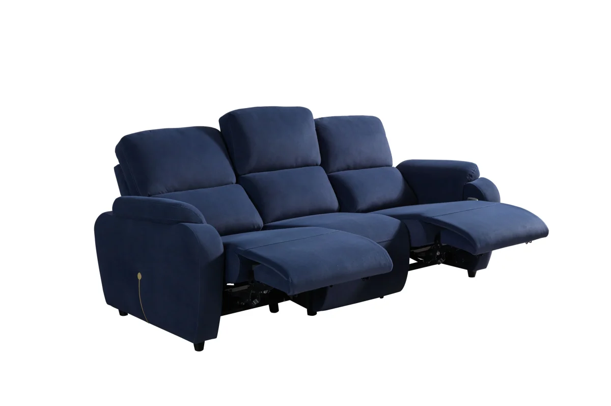 A front-facing view of the Atlas Triple, a premium cream-colored triple recliner sofa featuring vertical stitching on the plush back cushions and integrated control buttons with a USB port on the side of the armrest.