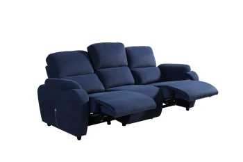A front-facing view of the Atlas Triple, a premium cream-colored triple recliner sofa featuring vertical stitching on the plush back cushions and integrated control buttons with a USB port on the side of the armrest.