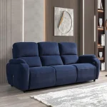 A front-facing view of the Atlas Triple recliner, a premium cream-colored triple recliner sofa featuring vertical stitching on the plush back cushions and integrated control buttons with a USB port on the side of the armrest.