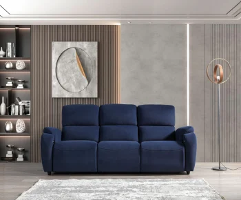 A front-facing view of the Atlas Triple, a premium cream-colored triple recliner sofa featuring vertical stitching on the plush back cushions and integrated control buttons with a USB port on the side of the armrest.