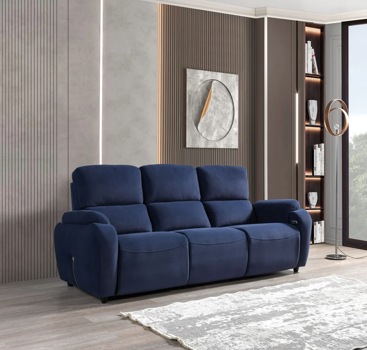 A front-facing view of the Atlas Triple, a premium cream-colored triple recliner sofa featuring vertical stitching on the plush back cushions and integrated control buttons with a USB port on the side of the armrest.