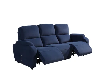 A front-facing view of the Atlas Triple, a premium cream-colored triple recliner sofa featuring vertical stitching on the plush back cushions and integrated control buttons with a USB port on the side of the armrest.
