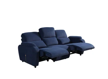 A front-facing view of the Atlas Triple, a premium cream-colored triple recliner sofa featuring vertical stitching on the plush back cushions and integrated control buttons with a USB port on the side of the armrest.
