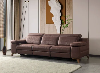 A detailed view of the Serena Motorized Triple Recliner, a premium brown three-seater sofa manufactured by Chairium, featuring extended motorized footrests and adjustable headrests on the outer seats.