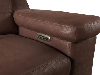 A detailed view of the Serena Motorized Triple Recliner, a premium brown three-seater sofa manufactured by Chairium, featuring extended motorized footrests and adjustable headrests on the outer seats.