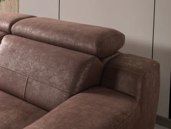 A detailed view of the Serena Motorized Triple Recliner, a premium brown three-seater sofa manufactured by Chairium, featuring extended motorized footrests and adjustable headrests on the outer seats.