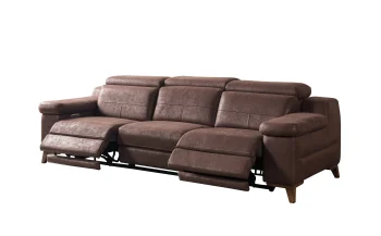 A detailed view of the Serena Motorized Triple Recliner, a premium brown three-seater sofa manufactured by Chairium, featuring extended motorized footrests and adjustable headrests on the outer seats.
