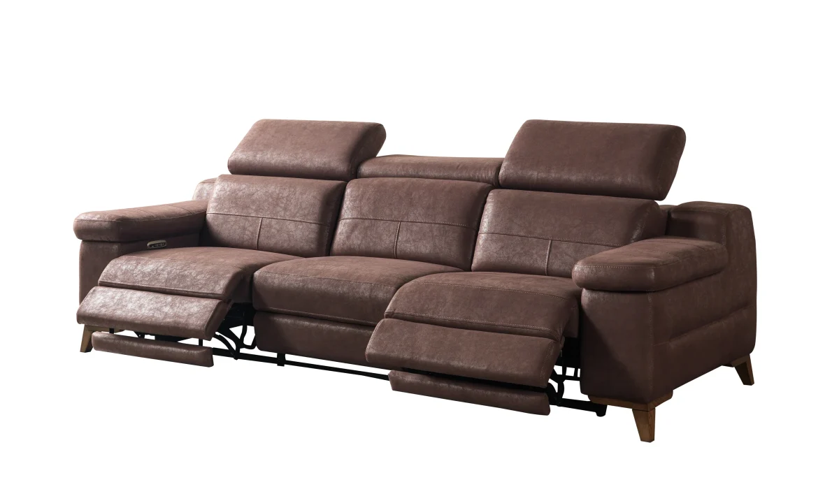 A detailed view of the Serena Motorized Triple Recliner, a premium brown three-seater sofa manufactured by Chairium, featuring extended motorized footrests and adjustable headrests on the outer seats.