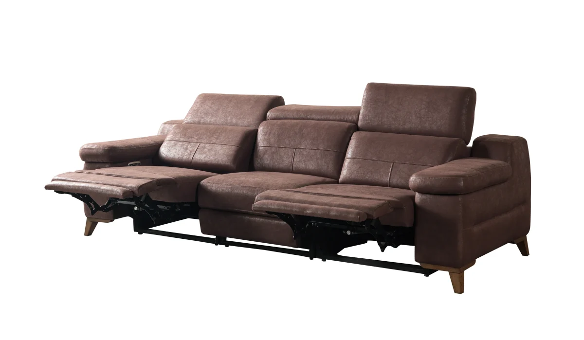 A detailed view of the Serena Motorized Triple Recliner, a premium brown three-seater sofa manufactured by Chairium, featuring extended motorized footrests and adjustable headrests on the outer seats.