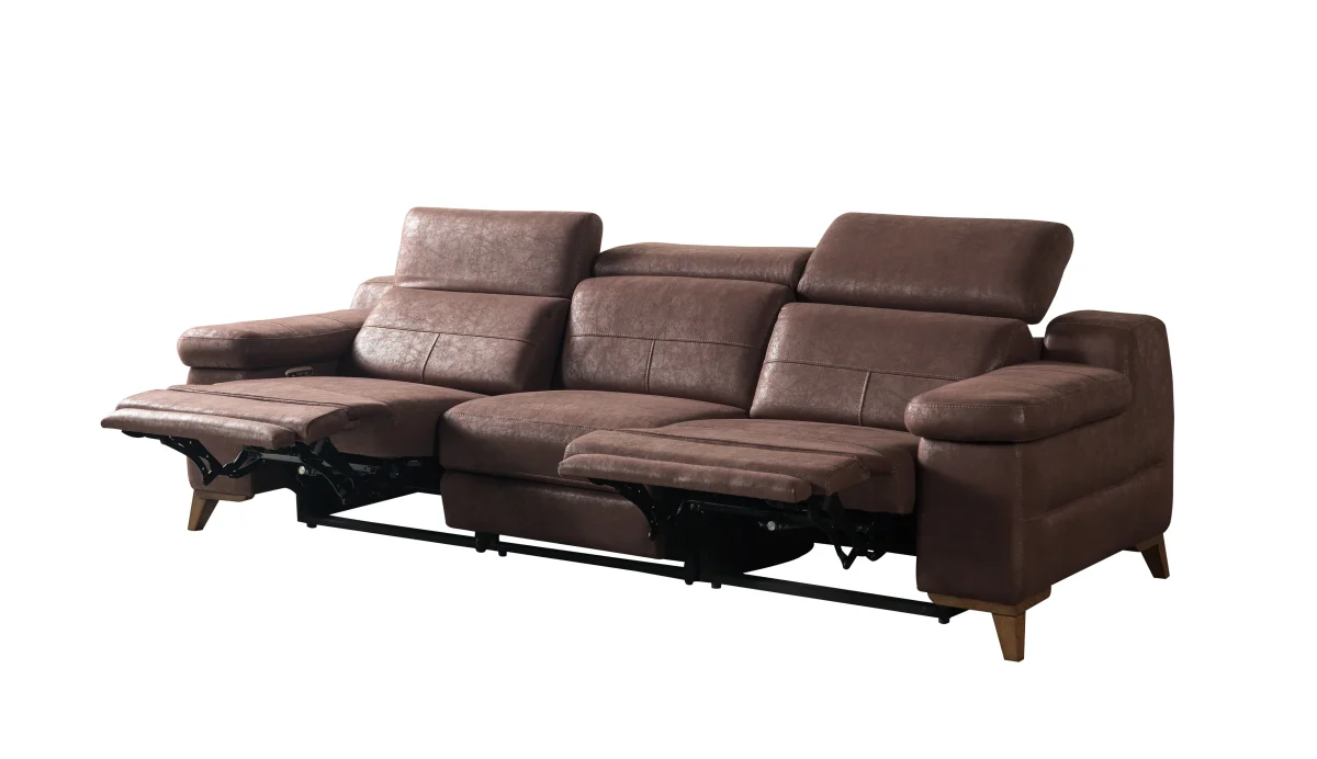 A detailed view of the Serena Motorized Triple Recliner, a premium brown three-seater sofa manufactured by Chairium, featuring extended motorized footrests and adjustable headrests on the outer seats.