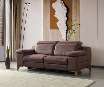A detailed view of the Serena Motorized Double Recliner, a premium brown double sofa manufactured by Chairium, featuring extended motorized footrests and adjustable motorized headrests.