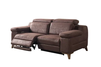 A detailed view of the Serena Motorized Double Recliner, a premium brown double sofa manufactured by Chairium, featuring extended motorized footrests and adjustable motorized headrests.