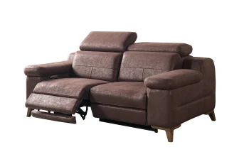 A detailed view of the Serena Motorized Double Recliner, a premium brown double sofa manufactured by Chairium, featuring extended motorized footrests and adjustable motorized headrests.