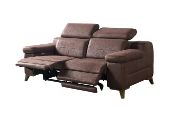 A detailed view of the Serena Motorized Double Recliner, a premium brown double sofa manufactured by Chairium, featuring extended motorized footrests and adjustable motorized headrests.