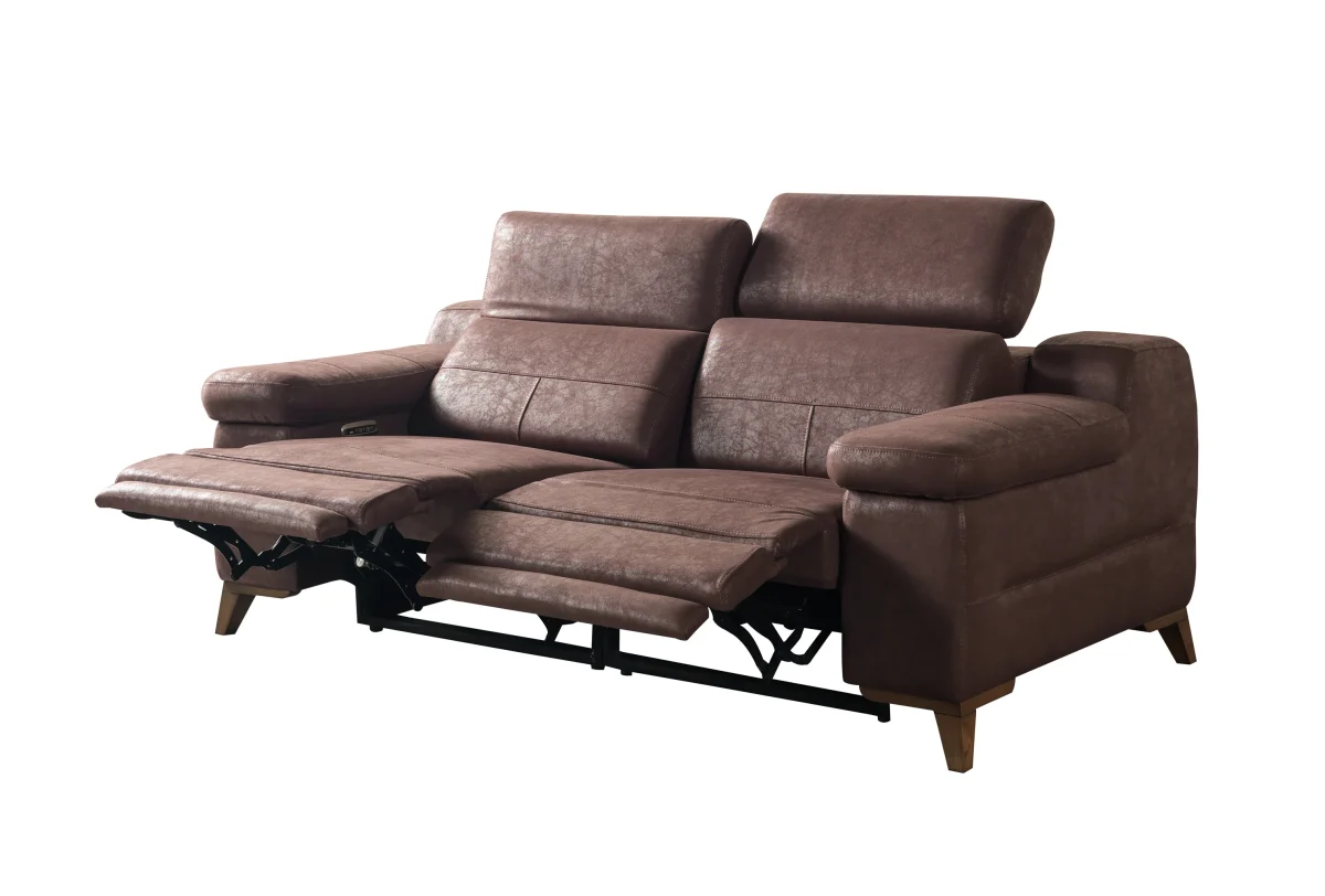 A detailed view of the Serena Motorized Double Recliner, a premium brown double sofa manufactured by Chairium, featuring extended motorized footrests and adjustable motorized headrests.