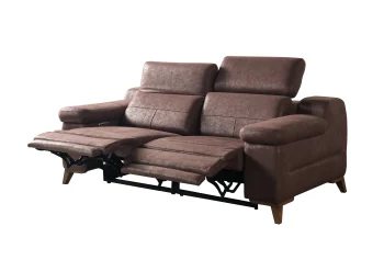 A detailed view of the Serena Motorized Double Recliner, a premium brown double sofa manufactured by Chairium, featuring extended motorized footrests and adjustable motorized headrests.