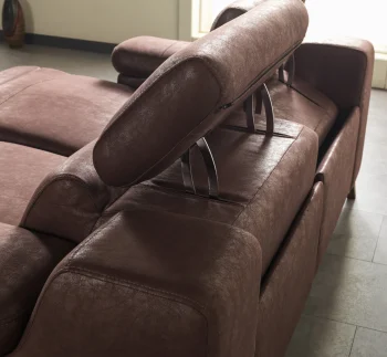 A detailed view of the Serena Motorized Double Recliner, a premium brown double sofa manufactured by Chairium, featuring extended motorized footrests and adjustable motorized headrests.