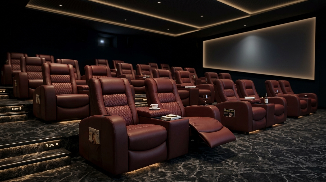 Modern cinema hall with luxury VIP cinema recliners showcasing premium theater amenities for high ROI.